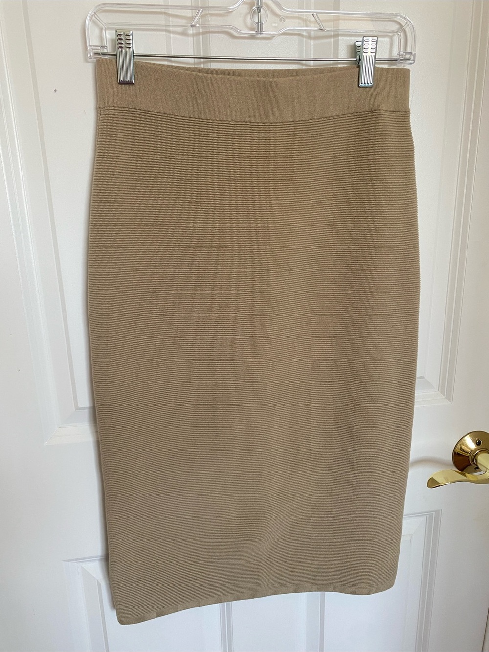 Uniqlo Camel Ribbed Cotton Blend Knit Midi Pencil Skirt with Slit Size S